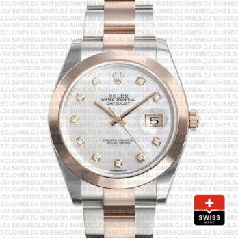 Rolex Datejust 41 Oyster 2 Tone 18k Rose Gold Smooth Bezel White Mop Dial Diamond Markers 126301 Swiss Replica