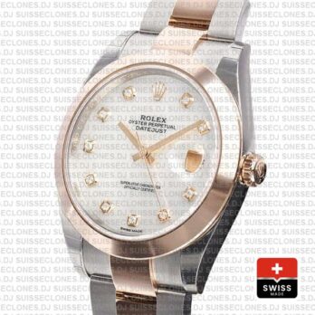 Rolex Datejust 41 Oyster 2 Tone 18k Rose Gold Smooth Bezel White Mop Dial Diamond Markers 126301 Swiss Replica