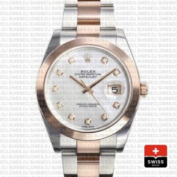 Rolex Datejust 41 Oyster 2 Tone 18k Rose Gold Smooth Bezel White Mop Dial Diamond Markers 126301 Swiss Replica