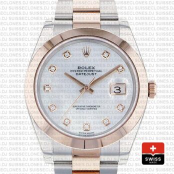 Rolex Datejust 41 Oyster 2 Tone 18k Rose Gold Smooth Bezel White Mop Dial Diamond Markers 126301 Swiss Replica