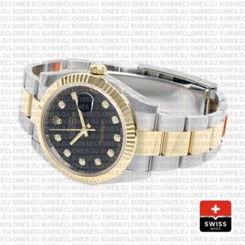 Rolex Datejust 41 Oyster 2 Tone 18k Yellow Gold Fluted Bezel Black Dial Diamond Markers 126333 Swiss Replica