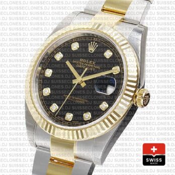 Rolex Datejust 41 Oyster 2 Tone 18k Yellow Gold Fluted Bezel Black Dial Diamond Markers 126333 Swiss Replica