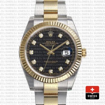 Rolex Datejust 41 Oyster 2 Tone 18k Yellow Gold Fluted Bezel Black Dial Diamond Markers 126333 Swiss Replica