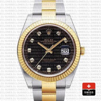 Rolex Datejust 41mm Two-Tone Black Dial adorned with Moissanite Diamonds & Fluted Bezel