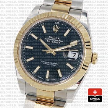 Rolex Datejust 41 Oyster 2 Tone 18k Yellow Gold Fluted Bezel Black Dial Stick Markers 126333 Swiss Replica