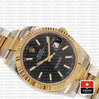 Rolex Datejust 41 Oyster 2 Tone 18k Yellow Gold Fluted Bezel Black Dial Stick Markers 126333 Swiss Replica