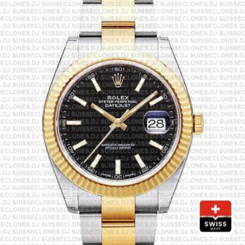 Rolex Datejust 41 Oyster 2 Tone 18k Yellow Gold Fluted Bezel Black Dial Stick Markers 126333 Swiss Replica