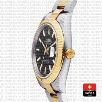 Rolex Datejust 41 Oyster 2 Tone 18k Yellow Gold Fluted Bezel Black Dial Stick Markers 126333 Swiss Replica