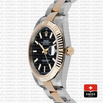 Rolex Datejust 41 Oyster 2 Tone 18k Yellow Gold Fluted Bezel Black Dial Stick Markers 126333 Swiss Replica