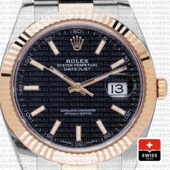 Rolex Datejust 41 Oyster 2 Tone 18k Yellow Gold Fluted Bezel Black Dial Stick Markers 126333 Swiss Replica