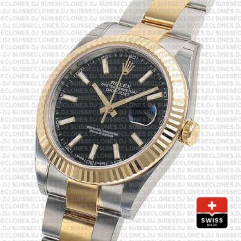 Rolex Datejust 41 Oyster 2 Tone 18k Yellow Gold Fluted Bezel Black Dial Stick Markers 126333 Swiss Replica