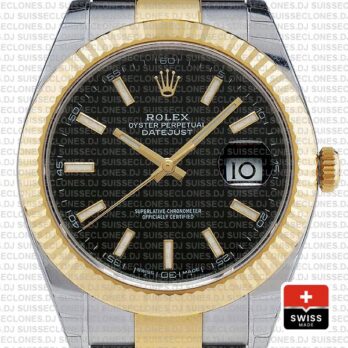 Rolex Datejust Two-Tone 18k Yellow Gold 904L Steel Bracelet with Fluted Bezel Black Dial 41mm