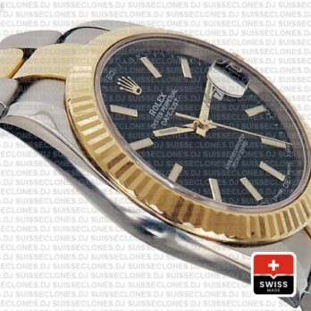 Rolex Datejust 41 Oyster 2 Tone 18k Yellow Gold Fluted Bezel Black Dial Stick Markers 126333 Swiss Replica