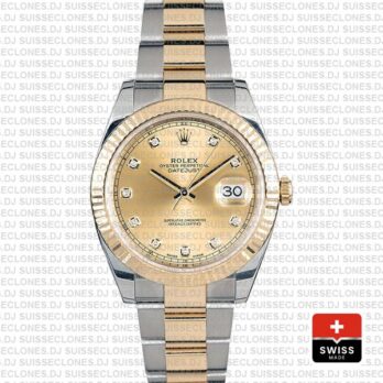 Rolex Datejust 41 Oyster 2 Tone 18k Yellow Gold Fluted Bezel Gold Dial Diamond Markers 126333 Swiss Replica