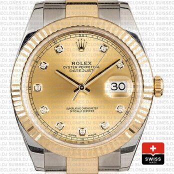 Rolex Datejust 41 Oyster 2 Tone 18k Yellow Gold Fluted Bezel Gold Dial Diamond Markers 126333 Swiss Replica