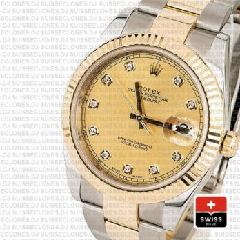 Rolex Datejust 41 Oyster 2 Tone 18k Yellow Gold Fluted Bezel Gold Dial Diamond Markers 126333 Swiss Replica