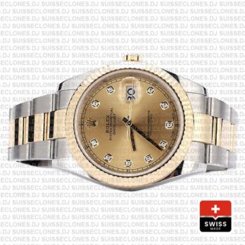 Rolex Datejust 41 Oyster 2 Tone 18k Yellow Gold Fluted Bezel Gold Dial Diamond Markers 126333 Swiss Replica