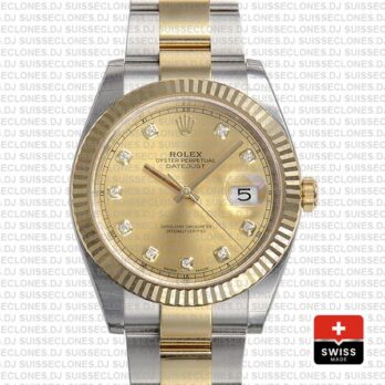 Rolex Datejust 41 Oyster 2 Tone 18k Yellow Gold Fluted Bezel Gold Dial Diamond Markers 126333 Swiss Replica