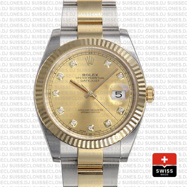 Rolex Datejust 41 Oyster 2 Tone 18k Yellow Gold Fluted Bezel Gold Dial Diamond Markers 126333 Swiss Replica