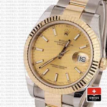 Rolex Datejust 41 Oyster 2 Tone 18k Yellow Gold Fluted Bezel Gold Dial Stick Markers 126333 Swiss Replica