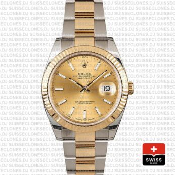 Rolex Datejust 41 Oyster 2 Tone 18k Yellow Gold Fluted Bezel Gold Dial Stick Markers 126333 Swiss Replica