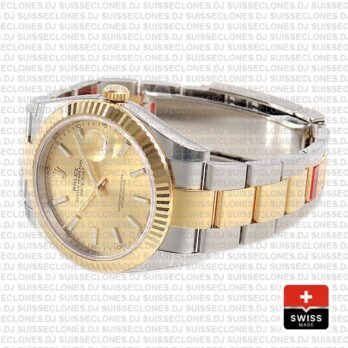 Rolex Datejust 41 Oyster 2 Tone 18k Yellow Gold Fluted Bezel Gold Dial Stick Markers 126333 Swiss Replica