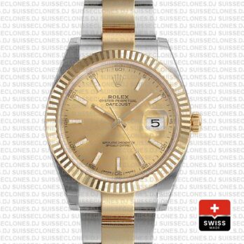 Rolex Datejust 41 Oyster 2 Tone 18k Yellow Gold Fluted Bezel Gold Dial Stick Markers 126333 Swiss Replica