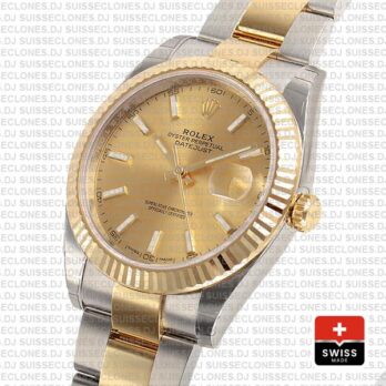 Rolex Datejust 41 Oyster 2 Tone 18k Yellow Gold Fluted Bezel Gold Dial Stick Markers 126333 Swiss Replica