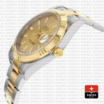 Rolex Datejust 41 Oyster 2 Tone 18k Yellow Gold Fluted Bezel Gold Dial Stick Markers 126333 Swiss Replica