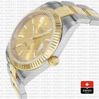 Rolex Datejust 41 Oyster 2 Tone 18k Yellow Gold Fluted Bezel Gold Dial Stick Markers 126333 Swiss Replica