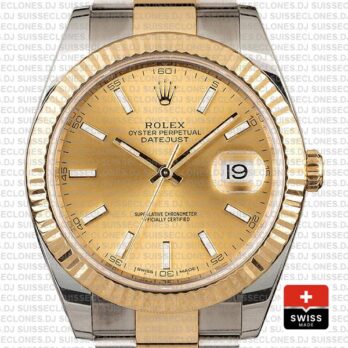 Rolex Datejust 41 Oyster 2 Tone 18k Yellow Gold Fluted Bezel Gold Dial Stick Markers 126333 Swiss Replica