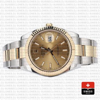 Rolex Datejust 41 Oyster 2 Tone 18k Yellow Gold Fluted Bezel Gold Dial Stick Markers 126333 Swiss Replica