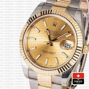 Rolex Datejust 41 Oyster 2 Tone 18k Yellow Gold Fluted Bezel Gold Dial Stick Markers 126333 Swiss Replica