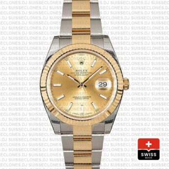 Rolex Datejust 41 Oyster 2 Tone 18k Yellow Gold Fluted Bezel Gold Dial Stick Markers 126333 Swiss Replica