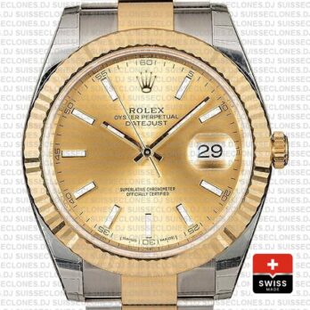 Rolex Datejust 41 Oyster 2 Tone 18k Yellow Gold Fluted Bezel Gold Dial Stick Markers 126333 Swiss Replica