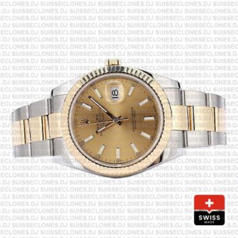 Rolex Datejust 41 Oyster 2 Tone 18k Yellow Gold Fluted Bezel Gold Dial Stick Markers 126333 Swiss Replica