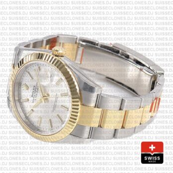 Rolex Datejust 41 Oyster 2 Tone 18k Yellow Gold Fluted Bezel Silver Dial Stick Markers 126333 Swiss Replica