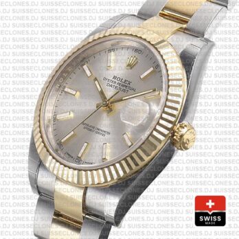 Rolex Datejust 41 Oyster 2 Tone 18k Yellow Gold Fluted Bezel Silver Dial Stick Markers 126333 Swiss Replica