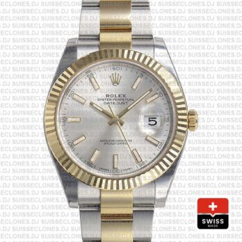 Rolex Datejust 41 Oyster 2 Tone 18k Yellow Gold Fluted Bezel Silver Dial Stick Markers 126333 Swiss Replica