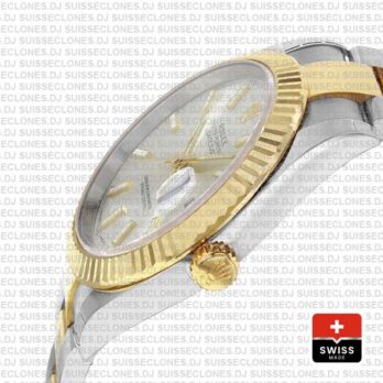 Rolex Datejust 41 Oyster 2 Tone 18k Yellow Gold Fluted Bezel Silver Dial Stick Markers 126333 Swiss Replica