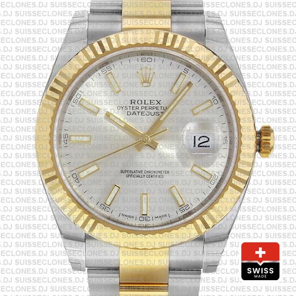 Rolex Oyster Perpetual Datejust Two-Tone 18k Yellow Gold, Silver Dial 41mm Fluted Bezel Watch