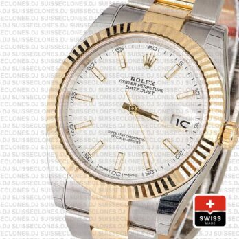 Rolex Datejust 41 Oyster 2 Tone 18k Yellow Gold Fluted Bezel White Dial Stick Markers 126333 Swiss Replica