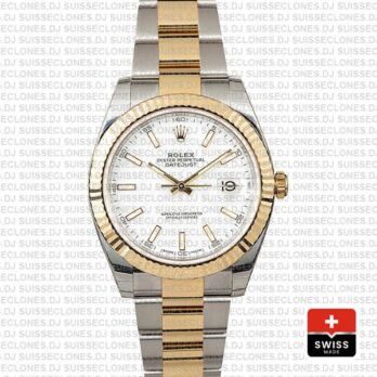 Rolex Datejust 41 Oyster 2 Tone 18k Yellow Gold Fluted Bezel White Dial Stick Markers 126333 Swiss Replica