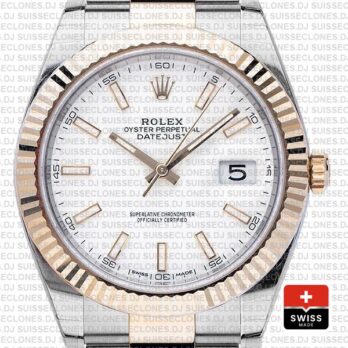 Rolex Datejust 41 Oyster 2 Tone 18k Yellow Gold Fluted Bezel White Dial Stick Markers 126333 Swiss Replica