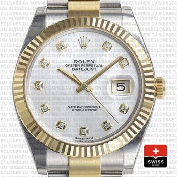 Rolex Datejust Two-Tone 18k Yellow Gold Fluted Bezel White Diamonds Dial