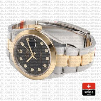 Rolex Datejust 41 Oyster 2 Tone 18k Yellow Gold Smooth Bezel Black Dial Diamond Markers 126303 Swiss Replica