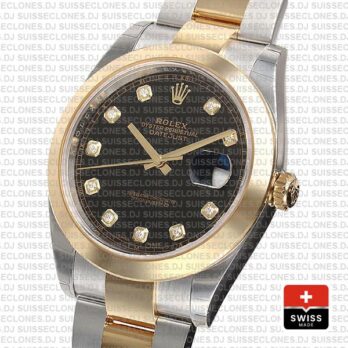 Rolex Datejust 41 Oyster 2 Tone 18k Yellow Gold Smooth Bezel Black Dial Diamond Markers 126303 Swiss Replica