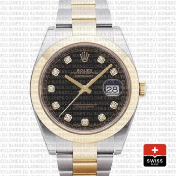 Rolex Datejust 41 Oyster 2 Tone 18k Yellow Gold Smooth Bezel Black Dial Diamond Markers 126303 Swiss Replica