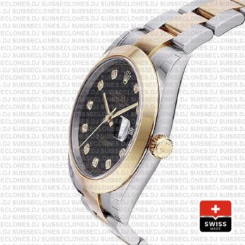 Rolex Datejust 41 Oyster 2 Tone 18k Yellow Gold Smooth Bezel Black Dial Diamond Markers 126303 Swiss Replica