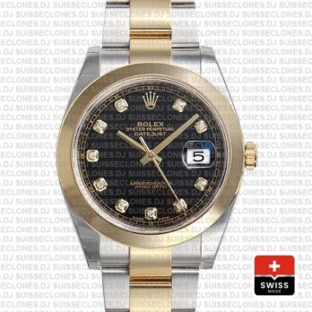 Rolex Datejust 41 Oyster 2 Tone 18k Yellow Gold Smooth Bezel Black Dial Diamond Markers 126303 Swiss Replica